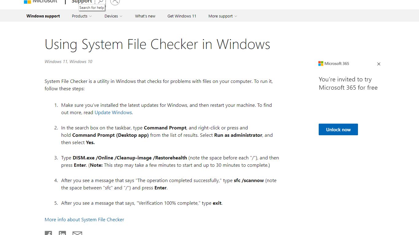 Using System File Checker in Windows - support.microsoft.com